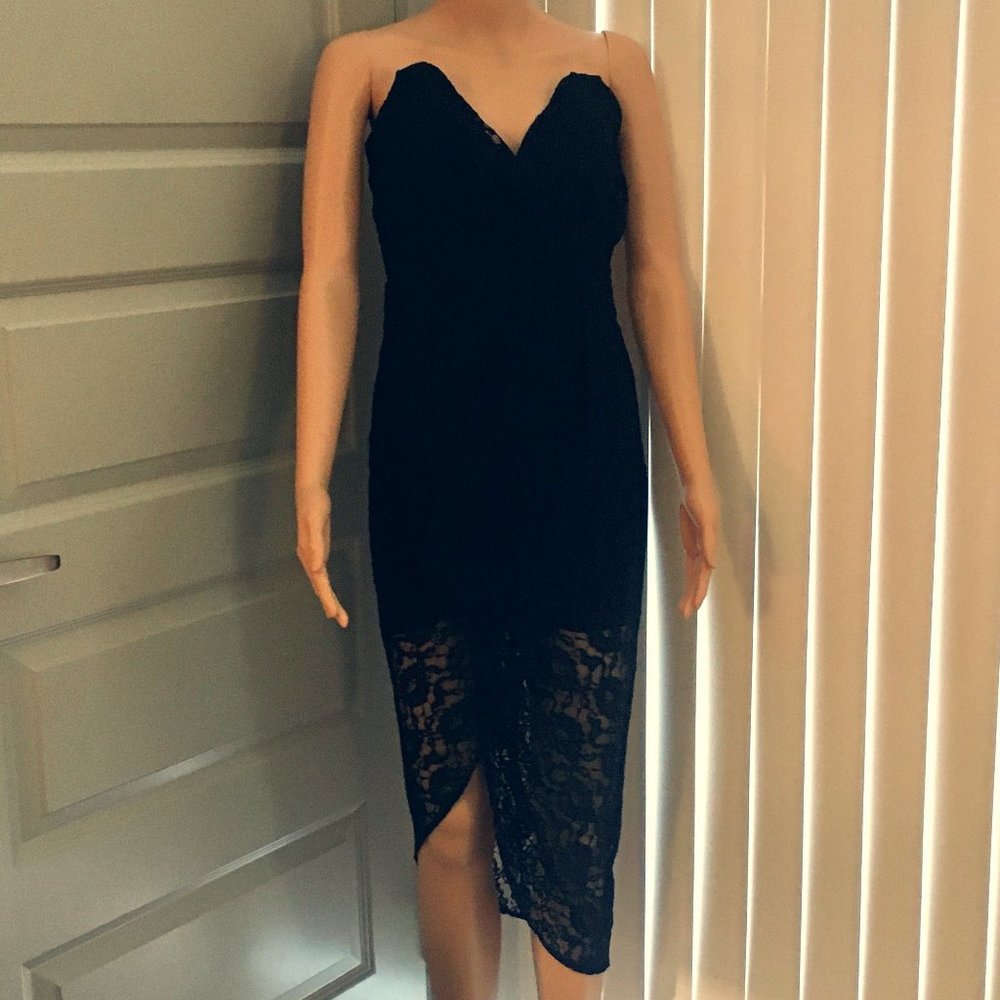 Sau Lee Jerri Strapless Draped Lace Dress Black 2